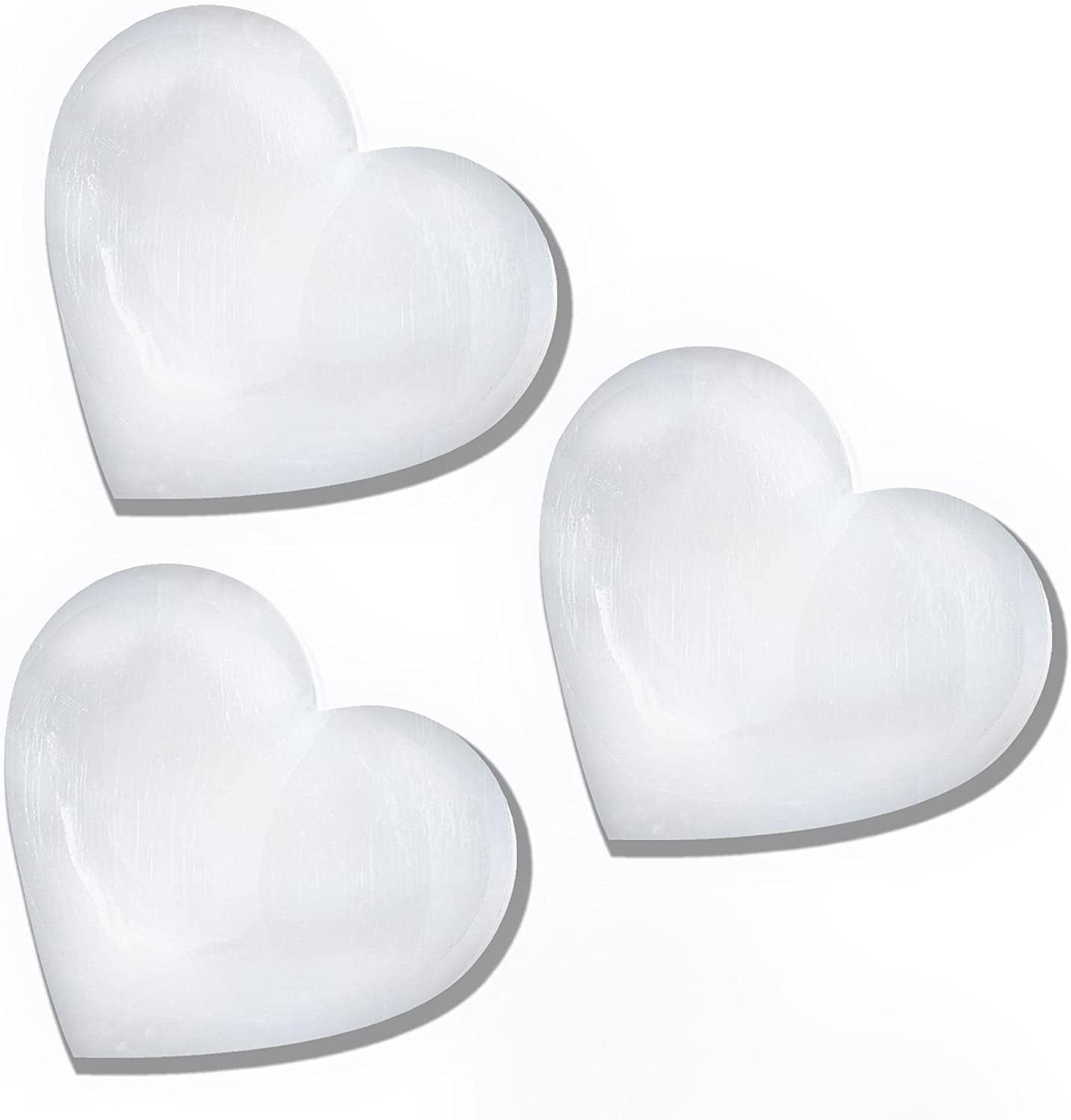 Selenite Heart-Shaped Healing Stones, 3-Pack, White Crystal