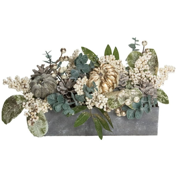 10.25" Neutral Colored Pumpkin and Leaves Fall Harvest Floral Arrangement