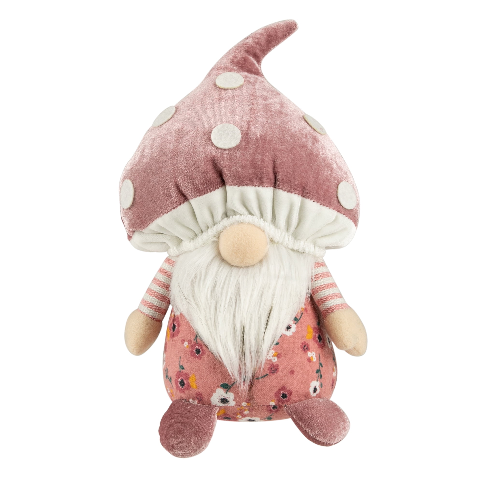 Pink Floral Mushroom Gnome Figurine with White Beard
