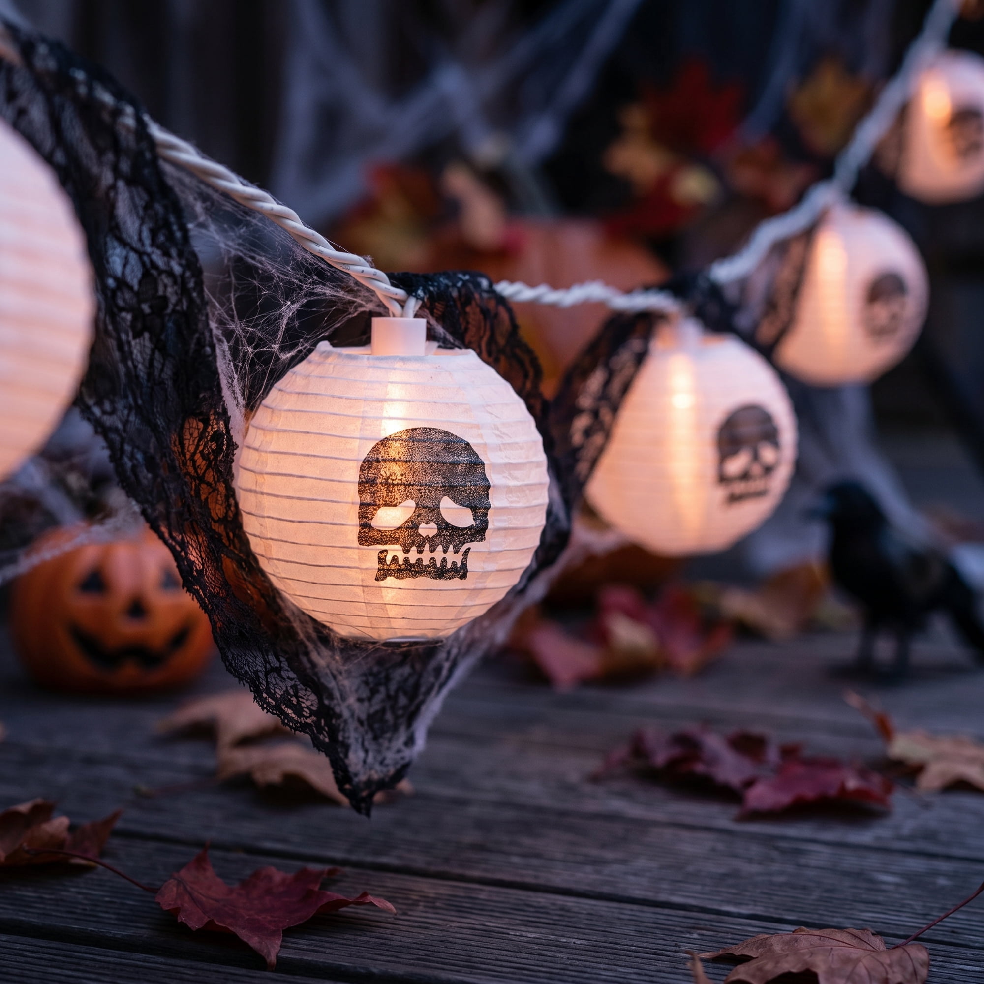 Northlight Skull Paper Lantern Indoor Outdoor Halloween Light Set - 9' White Wire - 10ct