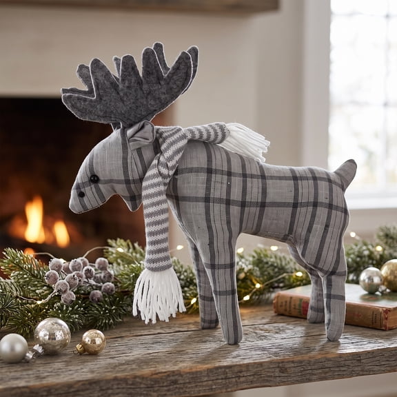 Northlight Checkered Moose with Striped Scarf Christmas Figure - 10" - Gray