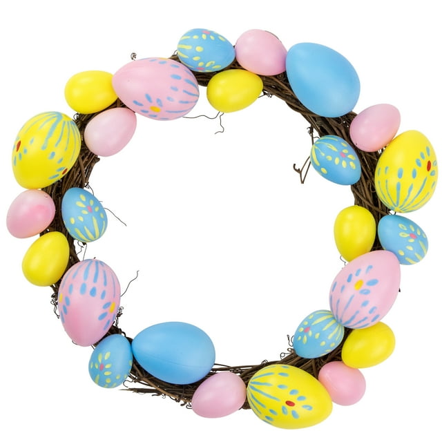 Northlight 10" Unlit Floral Stem Easter Egg Spring Grapevine Wreath - Yellow/Pink