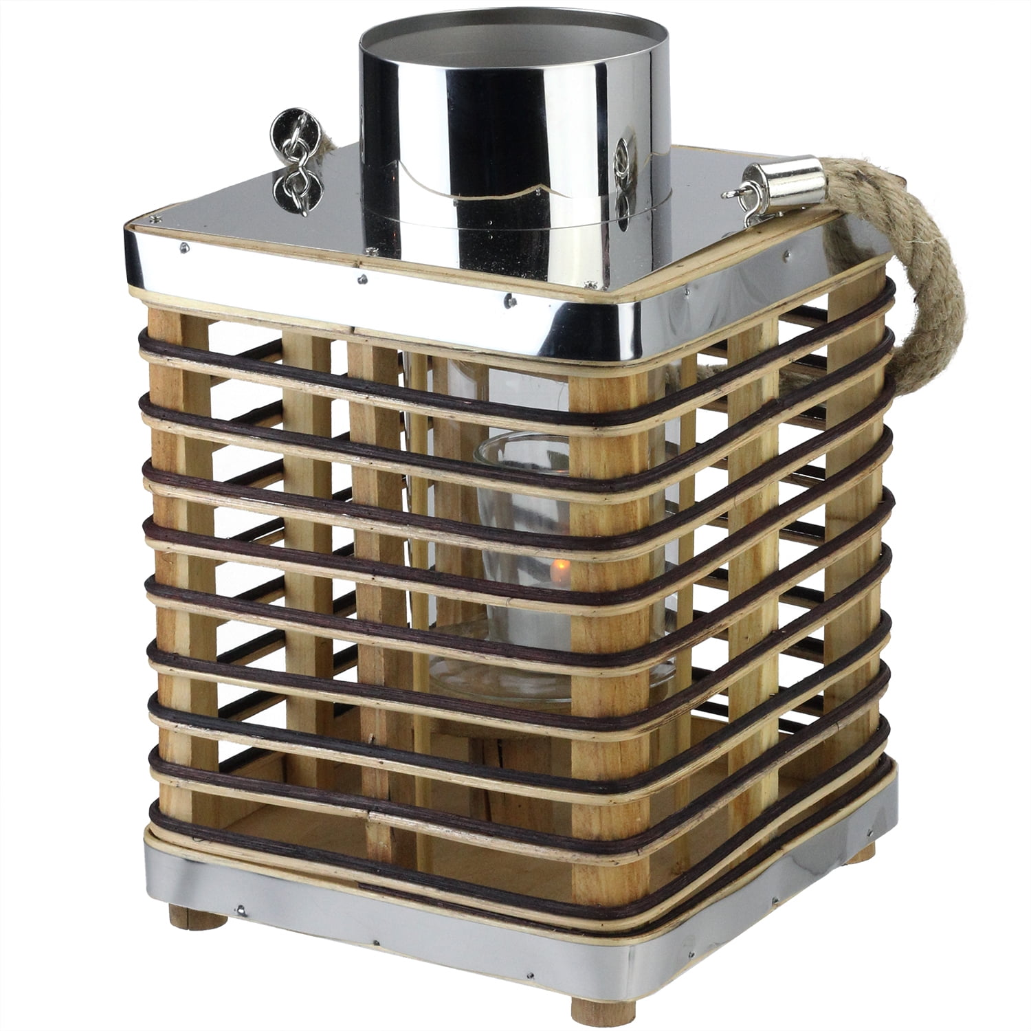 Rustic Rectangular Rattan Candle Lantern with Jute Handle