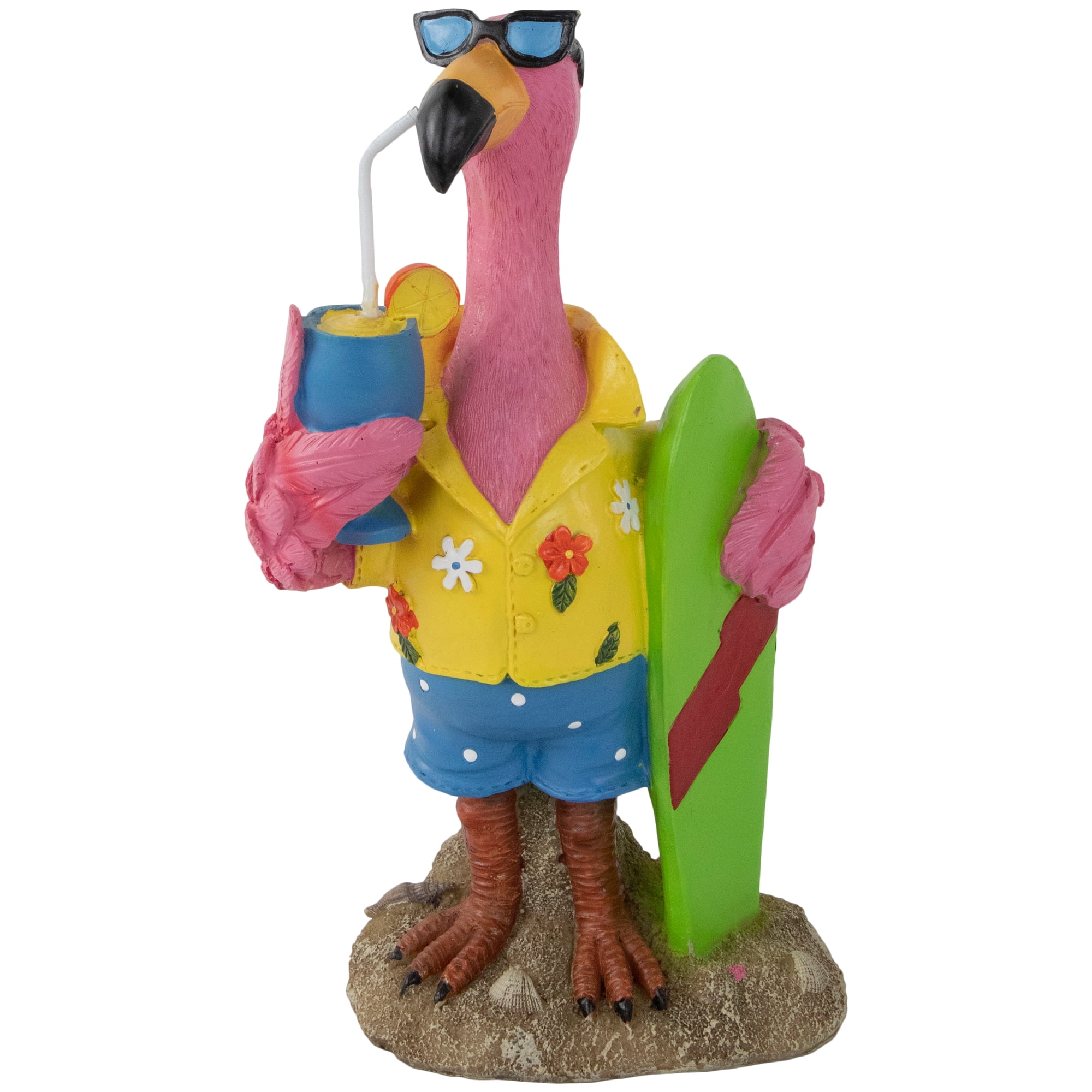 Tropical Pink Flamingo Garden Statue with Surfboard and Drink