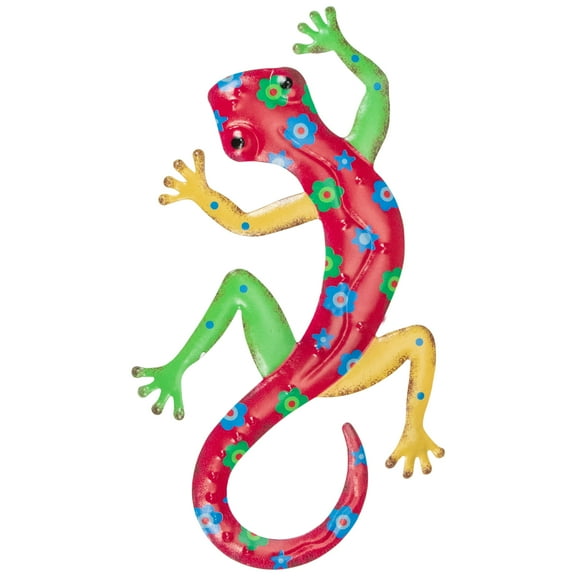 Northlight 11.75" Red Floral Metal Lizard Outdoor Wall Hanging