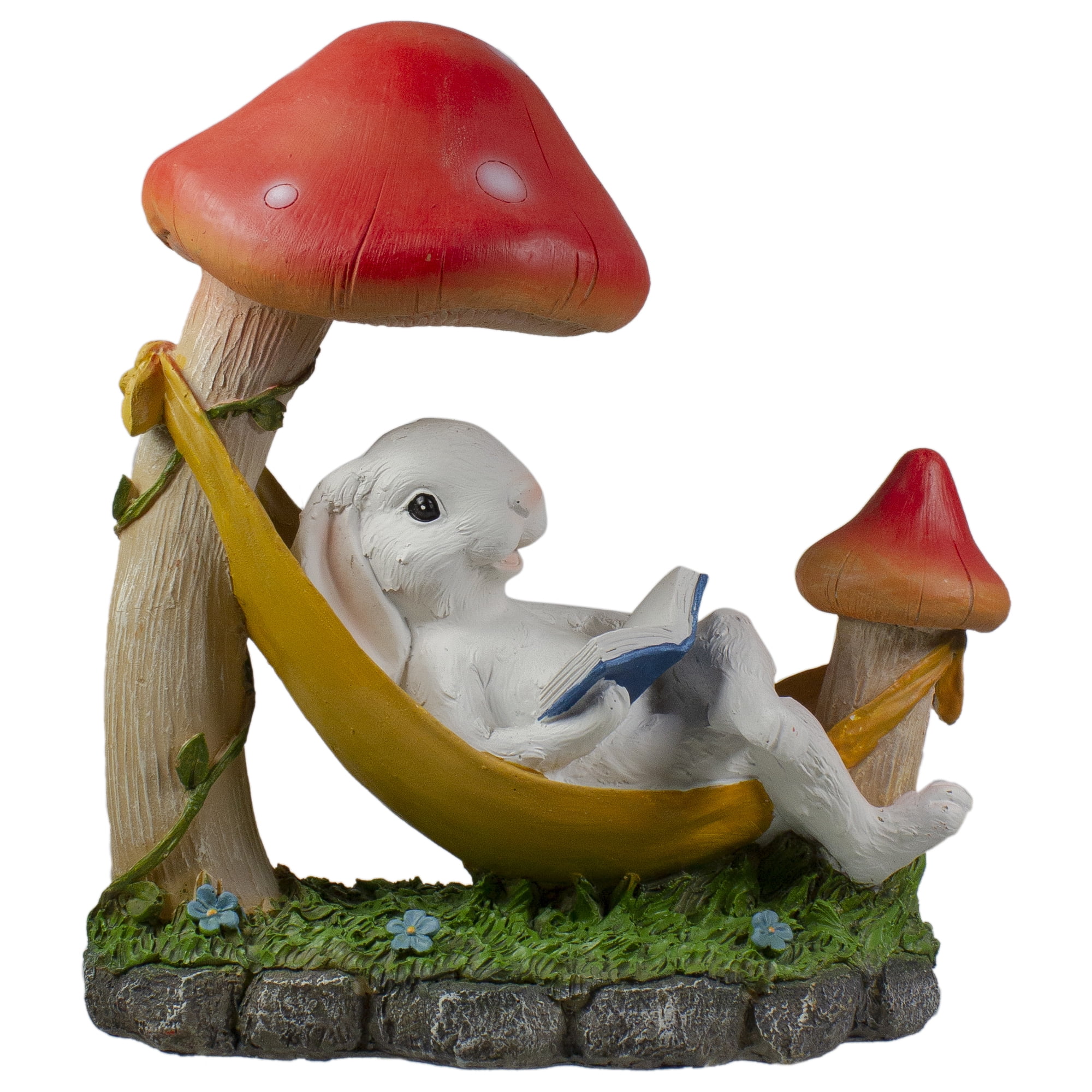 White Bunny in Yellow Hammock with Red Mushrooms Garden Statue