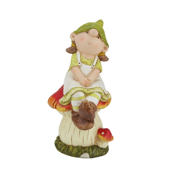 Northlight 11" Girl Gnome on Mushroom Outdoor Patio Garden Figure - White/Green