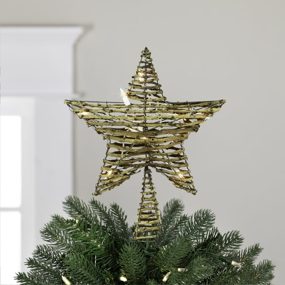 Northlight 11" Lighted Rattan Twigs Star Christmas Tree Topper- Clear Lights, White Wire