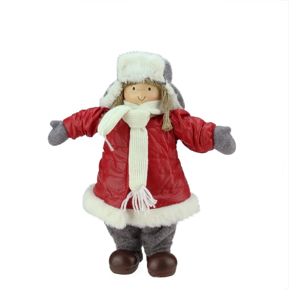 Northlight 12.25" Cheerful Young Girl Gnome in Red Puffy Winter Coat and Gray Hat Christmas