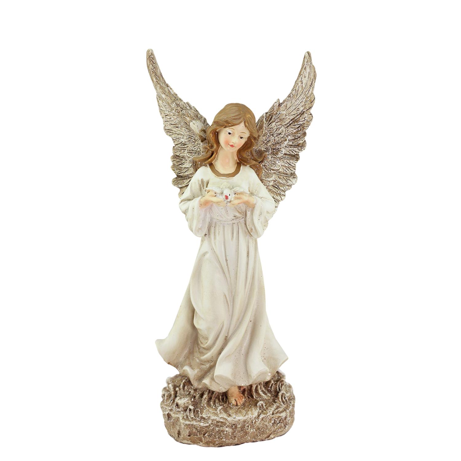 Northlight 12.5" Heavenly Gardens Glittered Ivory & Champagne Gold Serene Angel w/ Dove Outdoor Patio Garden Statue - image 1 of 1