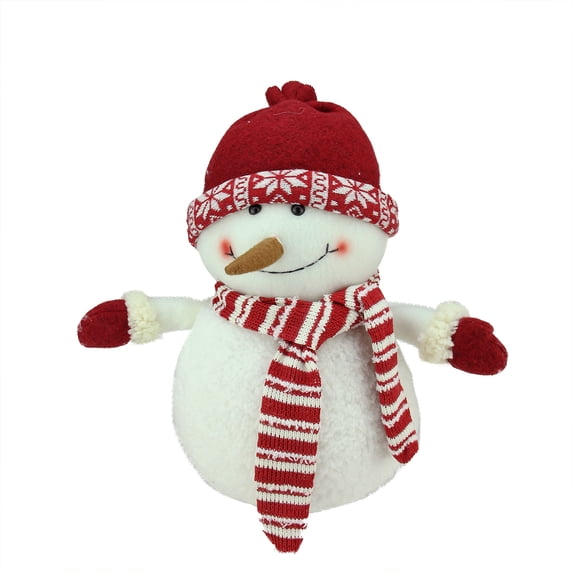 Northlight 12.5" Ivory, Red and White Chubby Smiling Snowman with Red Cap Plush Table Top Christmas