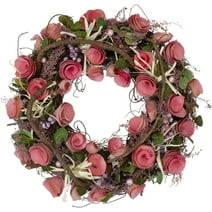 Northlight 12.5" Pink Flowers Berries Green Leaves and Twigs Artificial Floral Spring Wreath