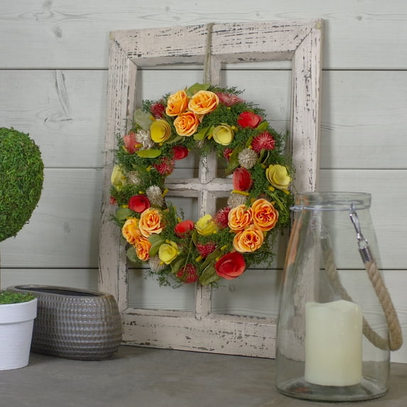 Northlight 12.5" Unlit Peach/Green Flowers with Moss and Twig Artificial Floral Spring Wreath