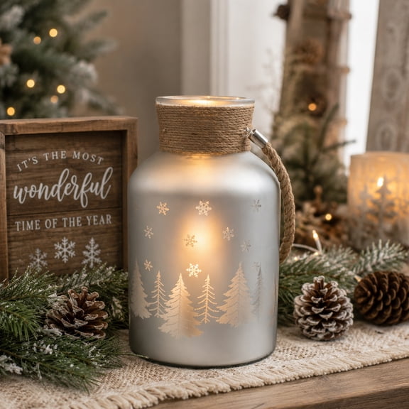 Northlight 12" Christmas Trees and Snowflakes Pillar Candle Holder with Handle - Matte Silver