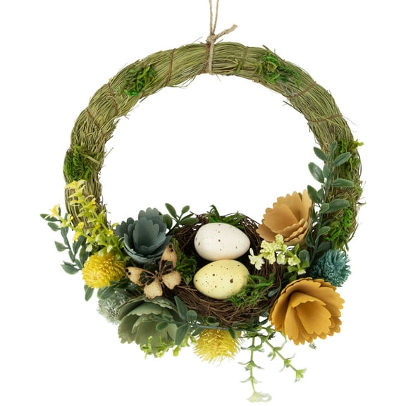 Northlight Easter Egg and Bird Nest Small Artificial Wreath with Shaved Wood Flowers - 12"