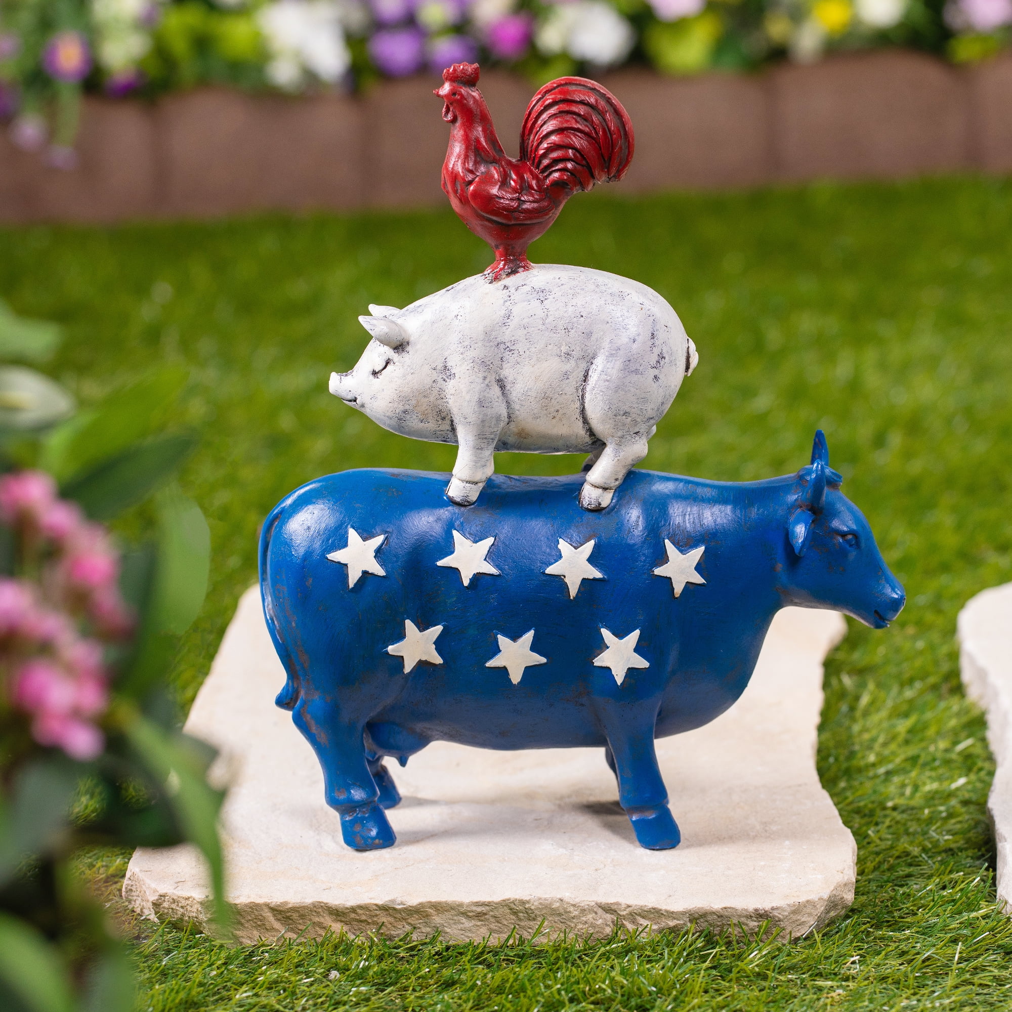 12" Patriotic Stacked Farm Animals Polystone Garden Statue