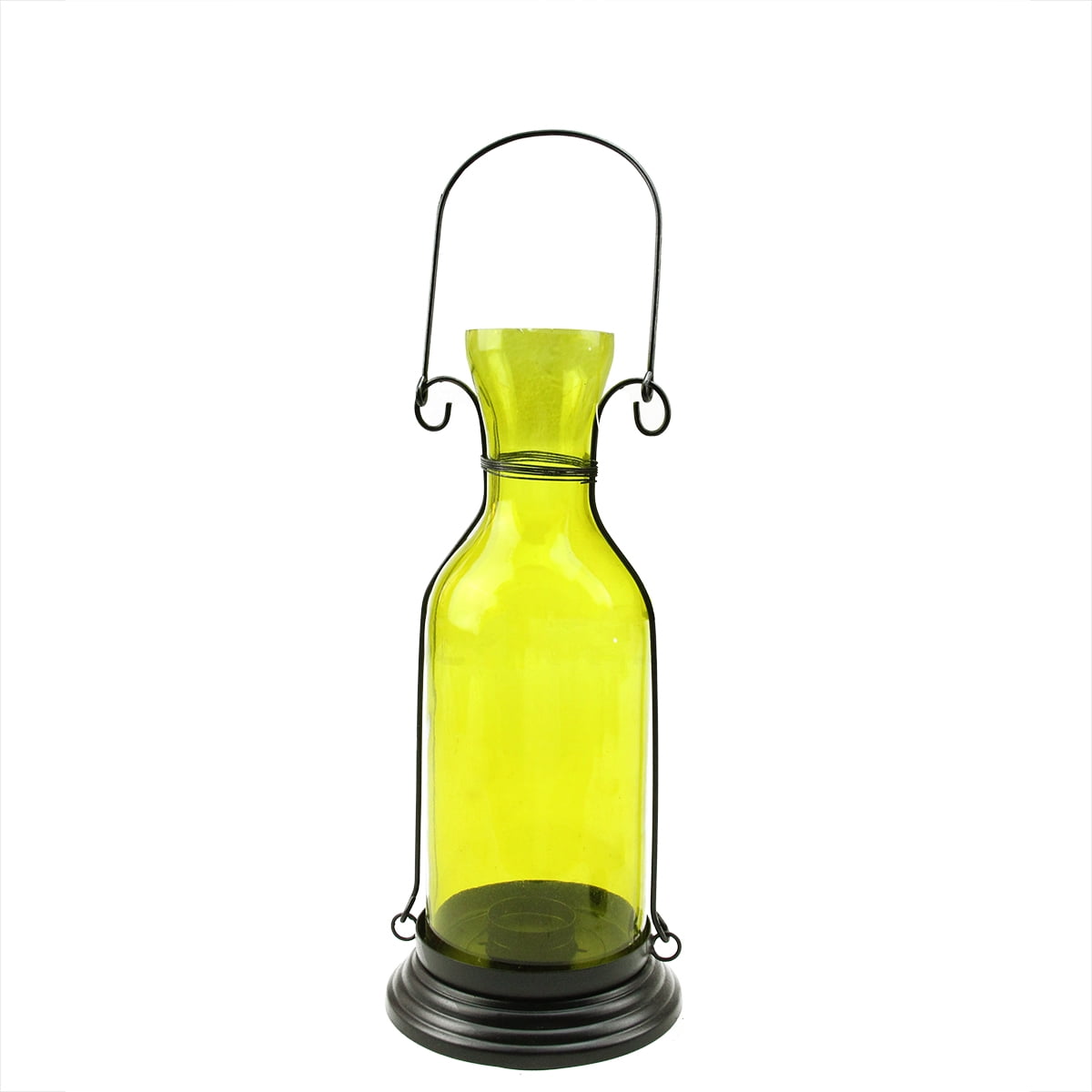 Yellow Glass Bottle Tea Light Candle Lantern with Metal Base
