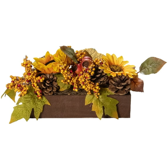 Northlight 12" Yellow and Brown Sunflowers and Leaves Spring Floral Arrangement, Brown