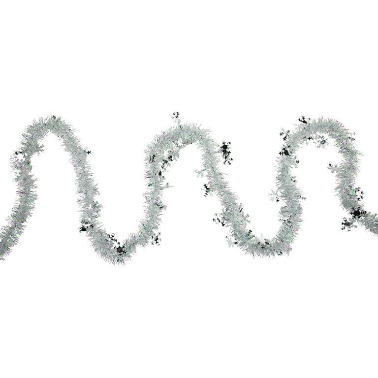 12' x 3 Silver and White Iridescent Tinsel Garland with Silver Snowflakes  - Unlit