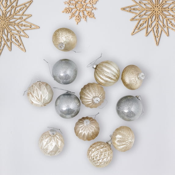 Northlight Mercury Glass Style Glass Christmas Ornament Set - 3" - Silver and Champagne - 12ct