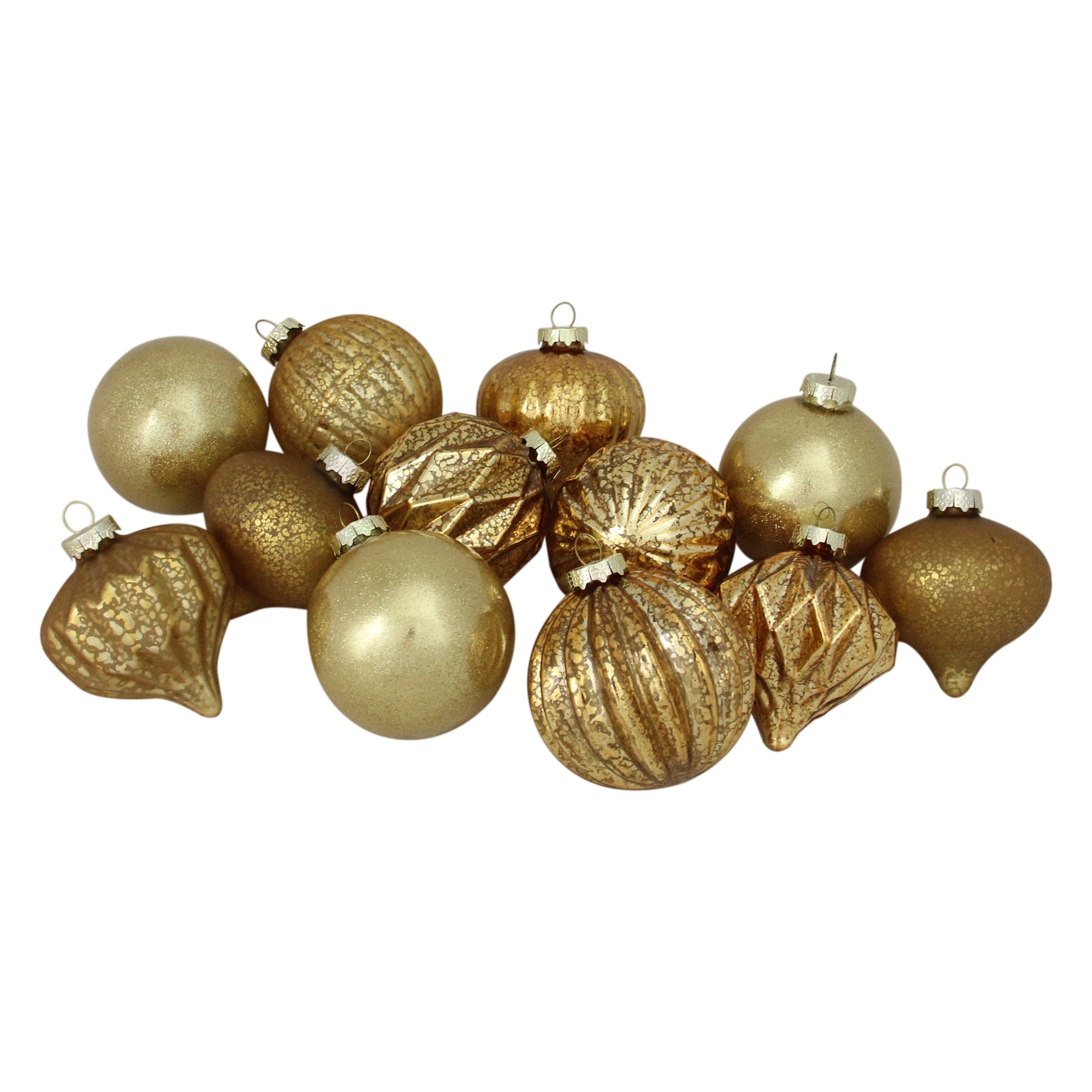Gold Mercury Glass Christmas Ornament Set, 3" - 12 Pieces