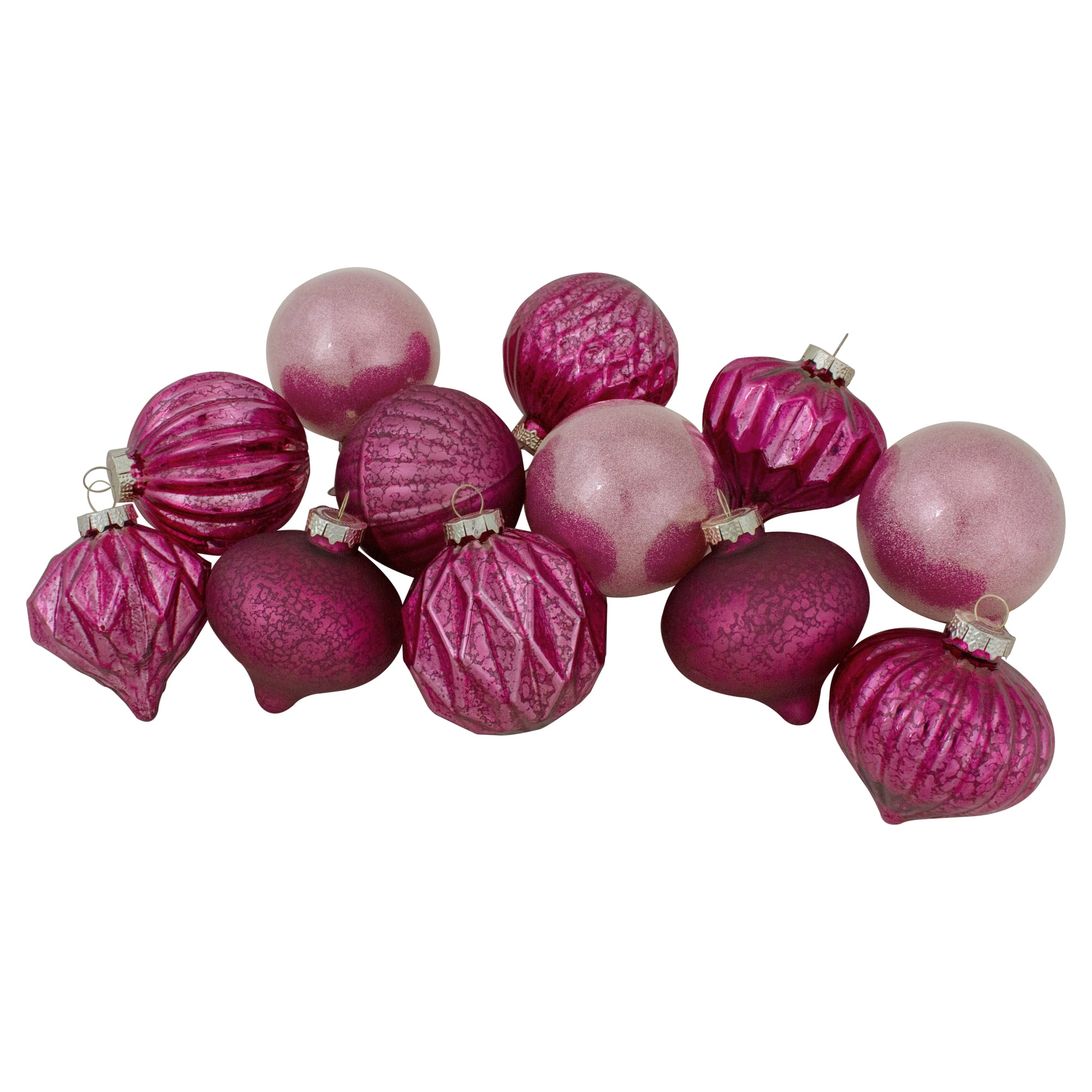 Magenta Pink Mercury Glass Christmas Ornament Set, 12 Pieces