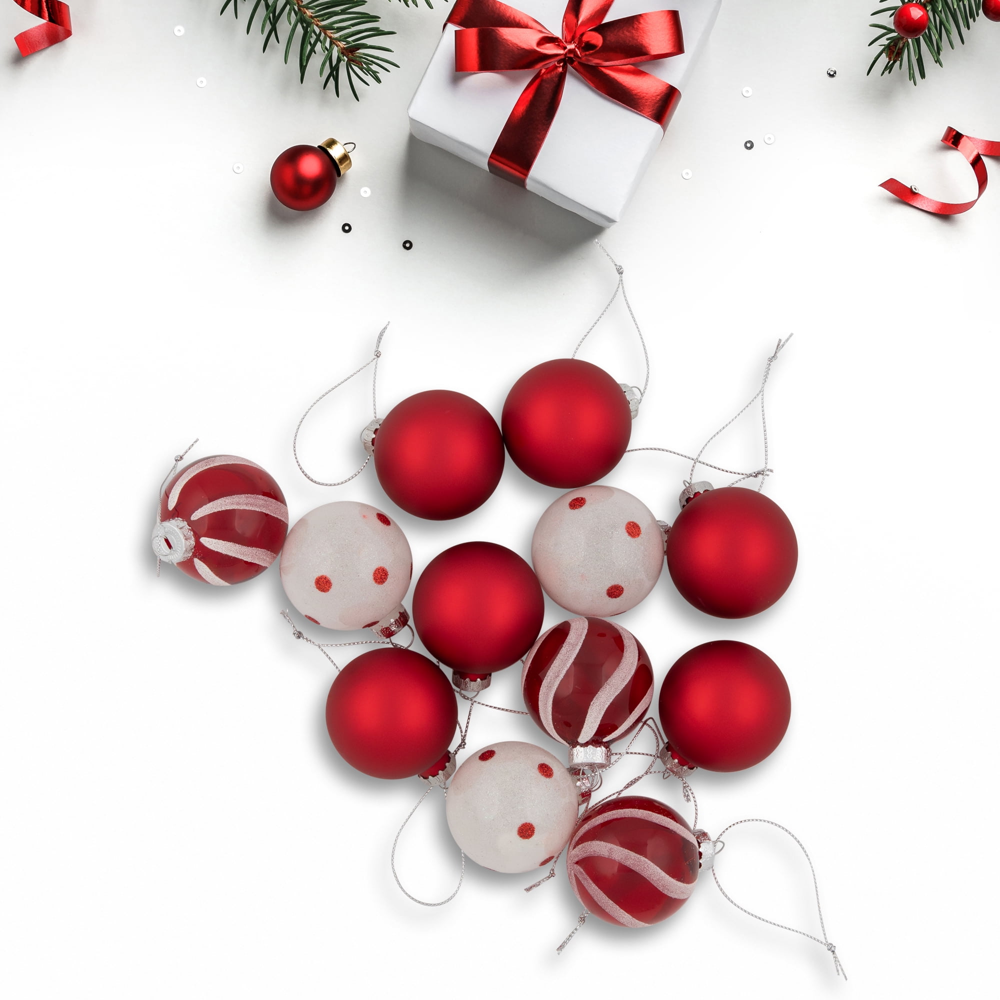 Red and White Glass Christmas Ball Ornament Set with Glitter, 1.75" (Set of 12)