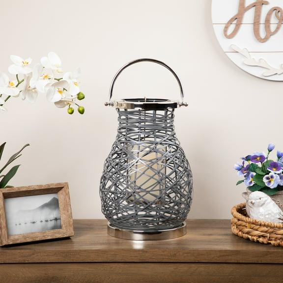 Northlight Woven Iron Pillar Candle Lantern with Glass Hurricane - 13.5" - Gray