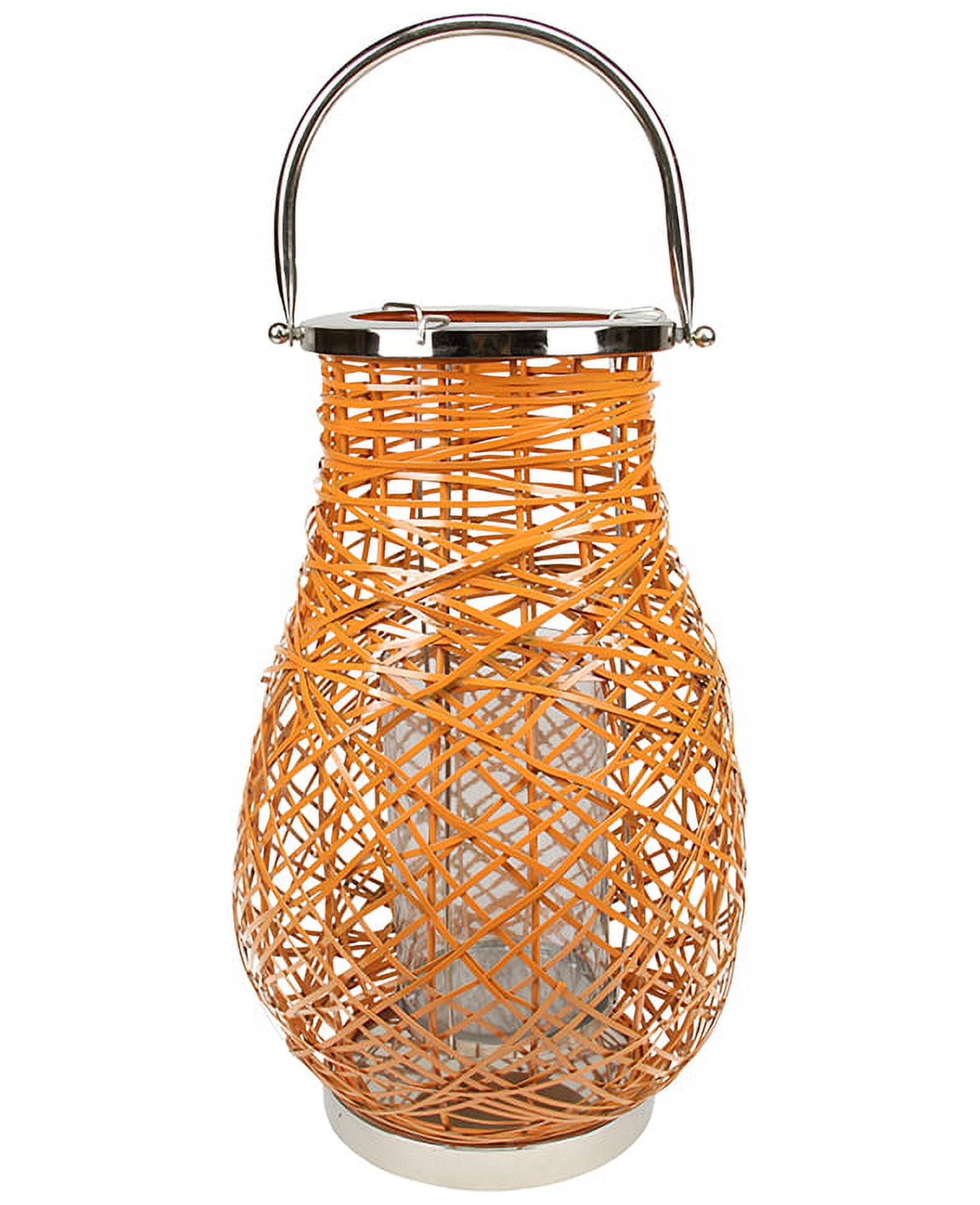 Orange Woven Iron and Glass Hurricane Candle Lantern