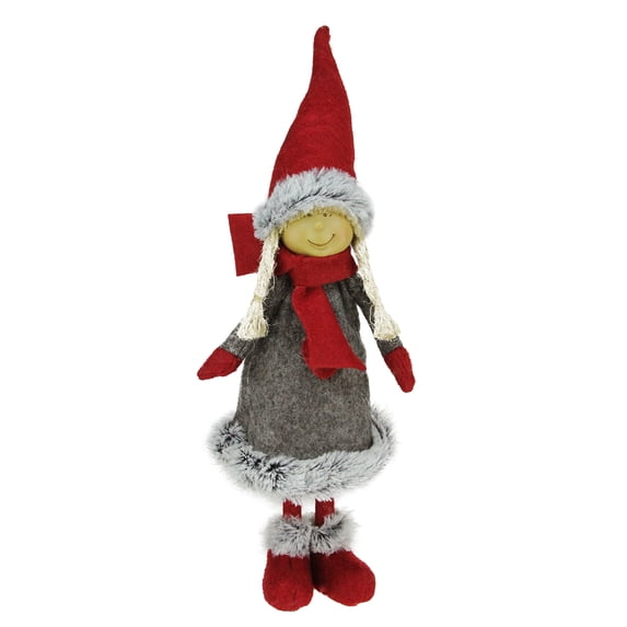 Northlight 13.5" Red and Gray Young Girl Gnome with Trimmed Coat Christmas Decoration