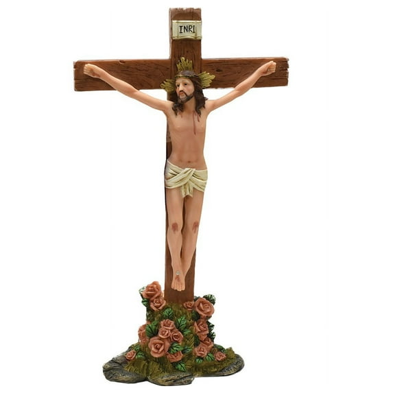 13.5" Religious Inspirational "INRI" Jesus on Crucifix with Roses Christmas Table Top Decoration