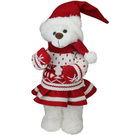 Northlight 13.5" White and Red Girl Santa Bear in Deer Sweater Christmas Figure Decoration