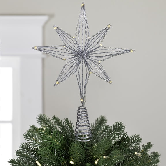 Northlight 13.75" LED Lighted B/O Silver Glittered Geometric Star Christmas Tree Topper - Warm White