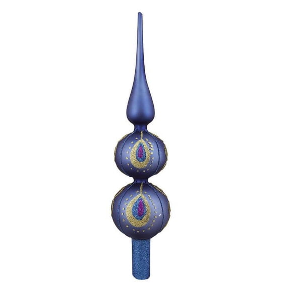Northlight 13" Blue and Gold Glitter Regal Peacock Glass Finial Christmas Tree Topper - Unlit