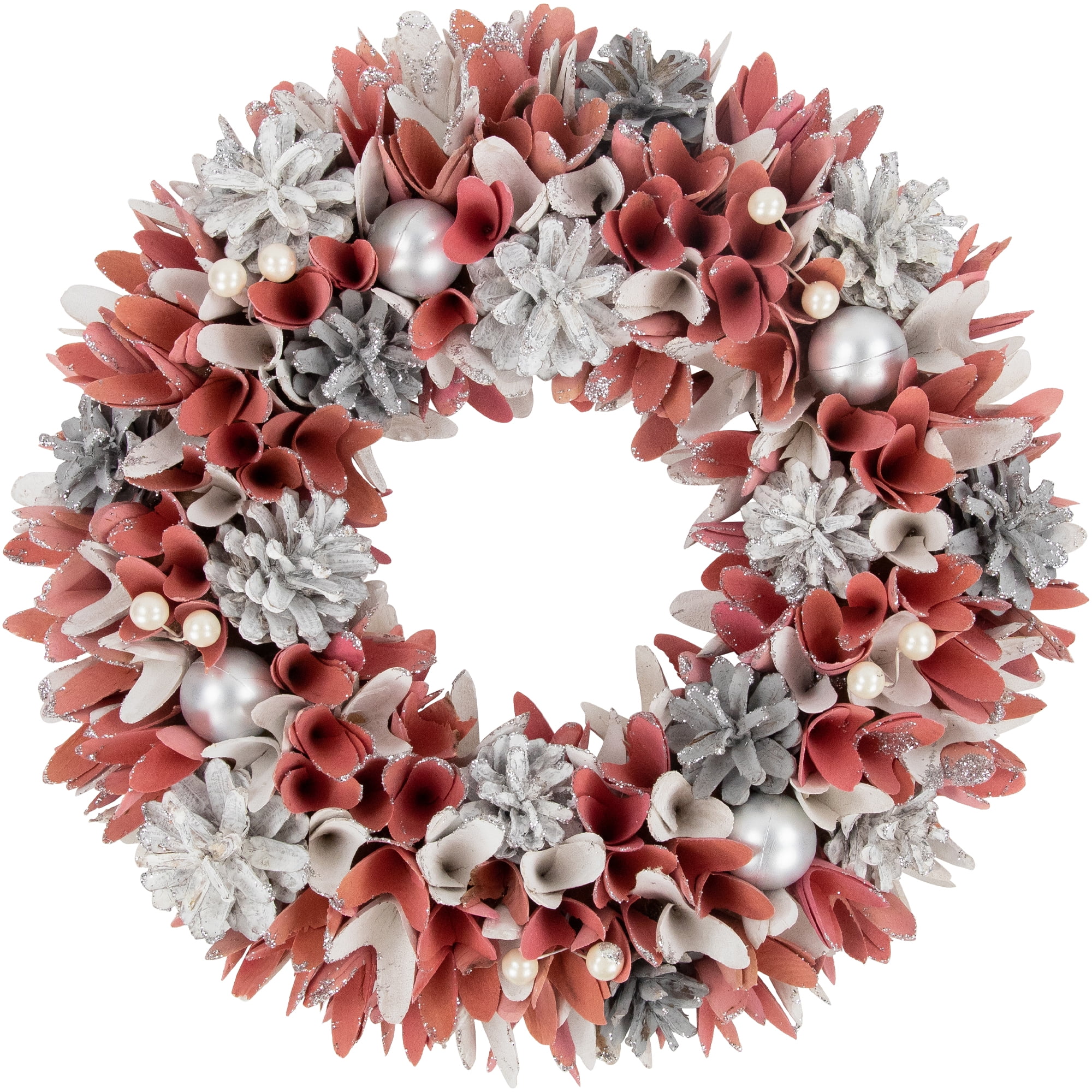 Northlight 13" Pink and White Wooden Floral Christmas Wreath with Pinecones