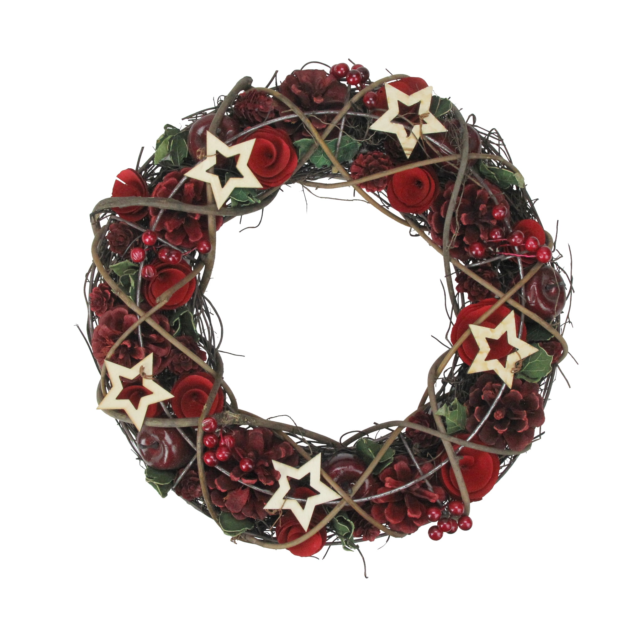 13" Rustic Red and Green Artificial Christmas Wreath with Wooden Stars
