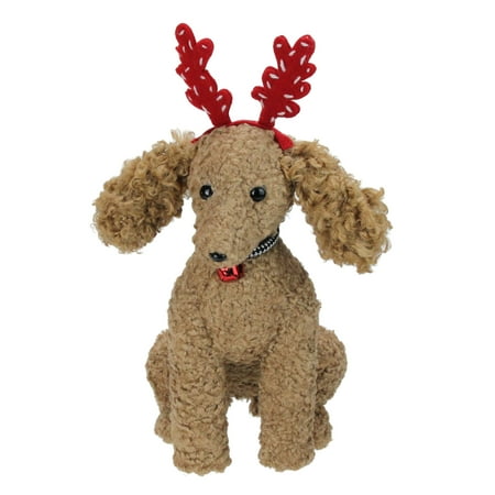 Northlight Plush Poodle Puppy with a Jingle Bell Collar and Antlers Christmas Figure - 14.5"