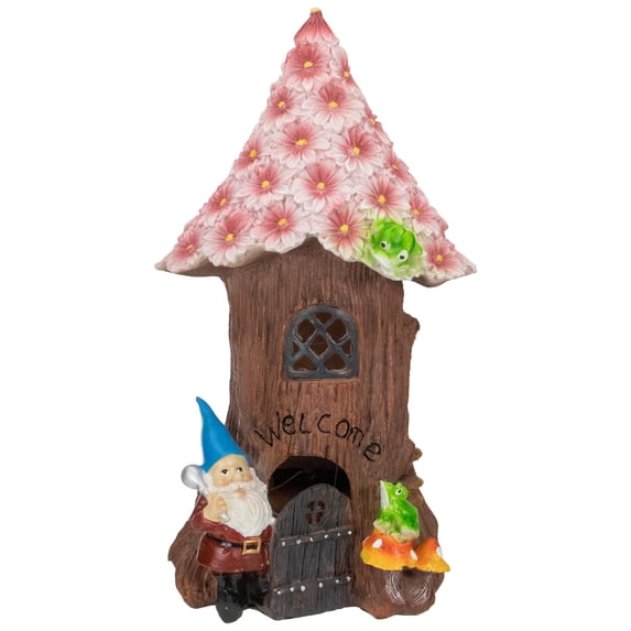 Northlight 14" Solar Lighted Bless Our Home Gnome Tree House Outdoor Garden Statue