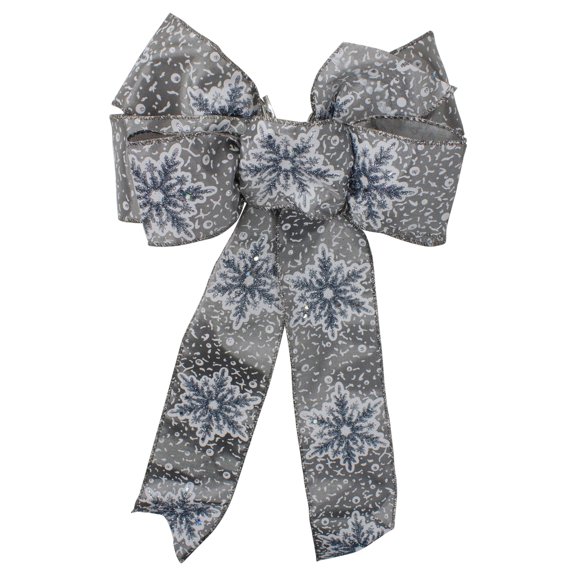 Northlight 14" x 9" Snowflake 6 Loop Christmas Bow Decoration - 14" x 9" Gray and White