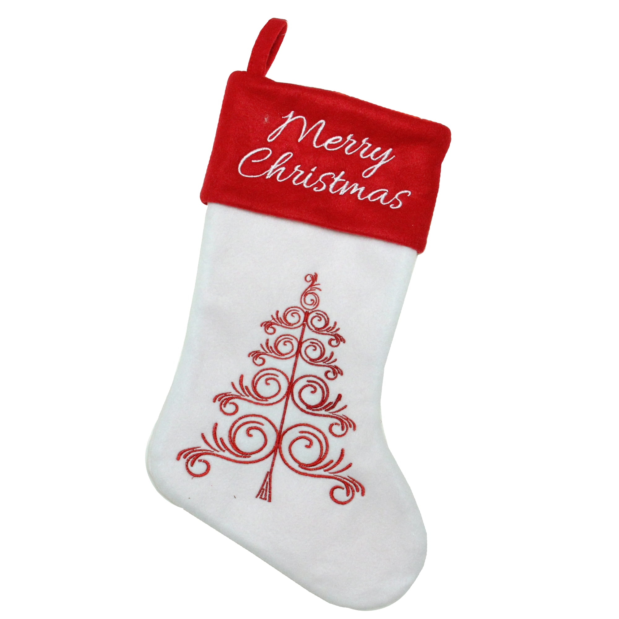 15.5" White and Red Merry Christmas Stocking with Embroidered Tree