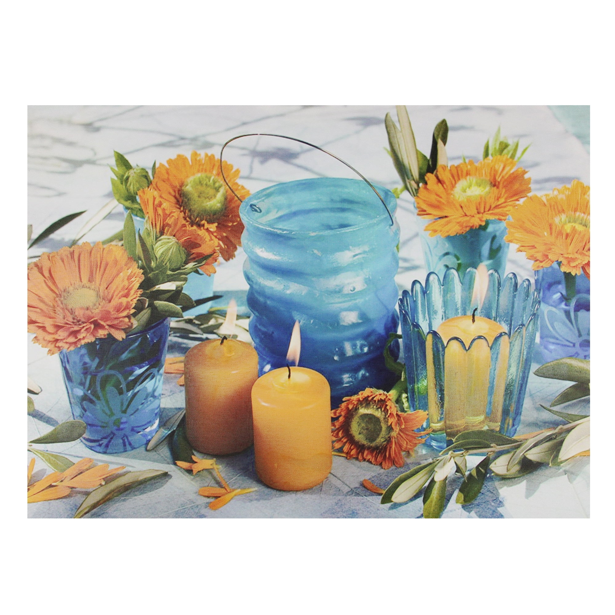 15.75" LED Flickering Candles and Orange Flowers Canvas Wall Art