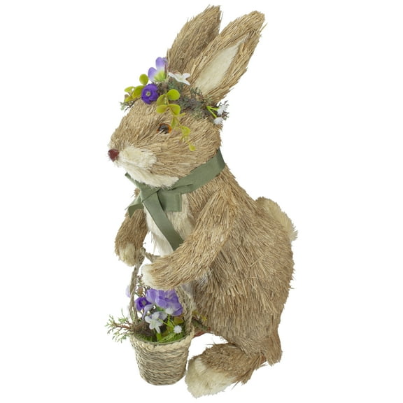 Northlight Standing Sisal Easter Bunny Rabbit with Flower Crown and Basket Decoration - 15"