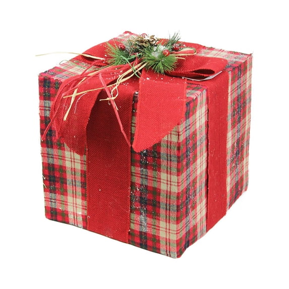 Northlight 15" Red Plaid Gift Box with Pine Bow Christmas Tabletop Decor