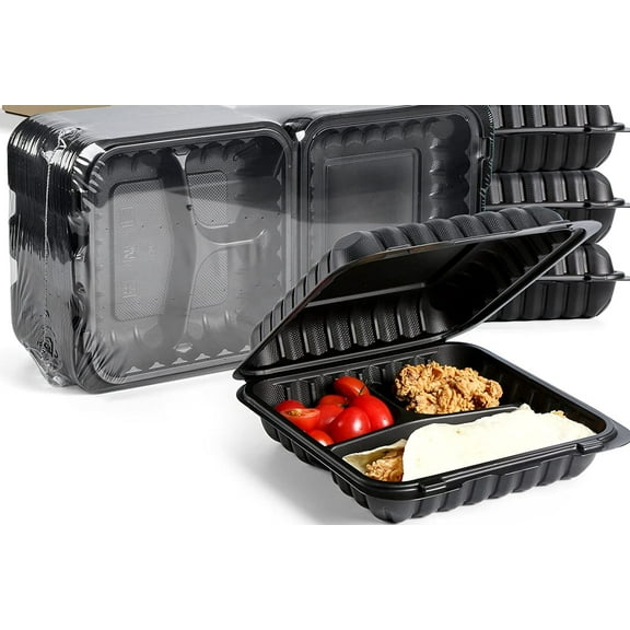 Northlight 150-Count 3-Compartment Hinged Black Meal Prep/Take Out Containers - 9"