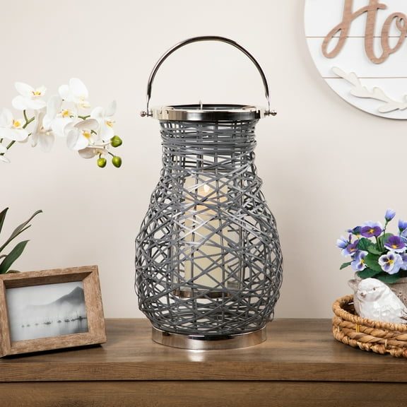 16.25" Modern Gray Decorative Woven Iron Pillar Candle Lantern with Glass Hurricane