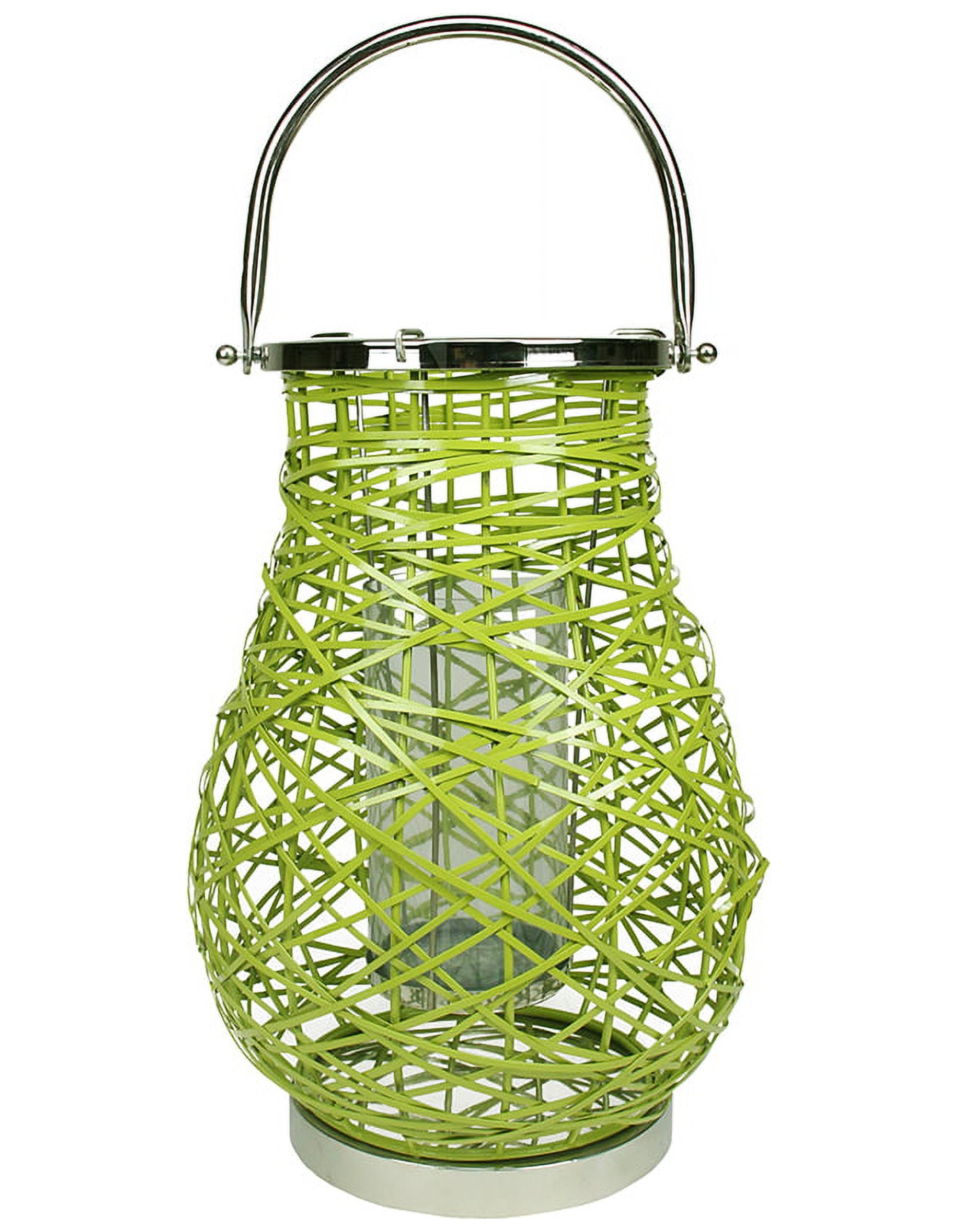 Northlight 16.25" Modern Green Decorative Woven Iron Pillar Candle Lantern with Glass Hurricane