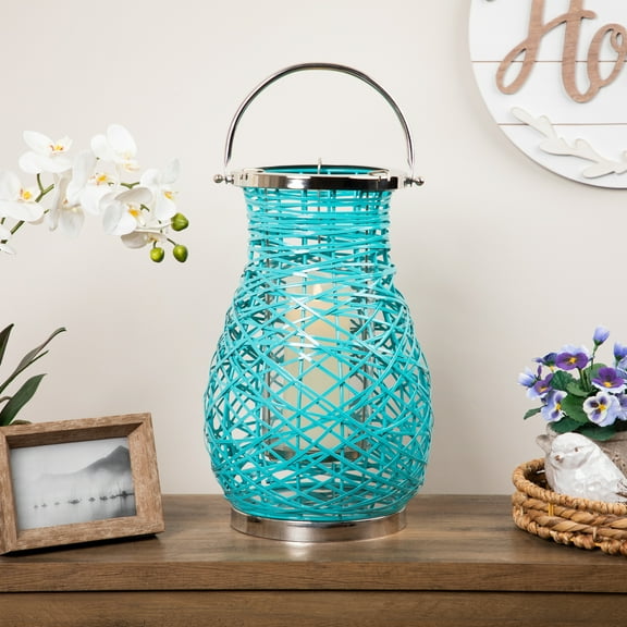 Northlight Woven Iron Pillar Candle Lantern with Glass Hurricane - 16.25" - Turquoise Blue