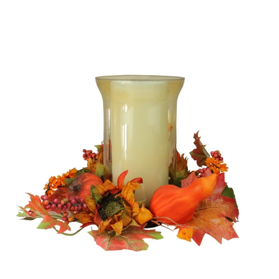 Northlight 16" Artificial Orange Fall Flowers and Pumpkins Pillar Candle Holder