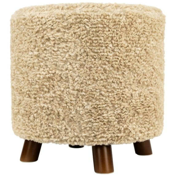 Northlight 16" Beige Plush Round Footstool Ottoman with Oak Legs