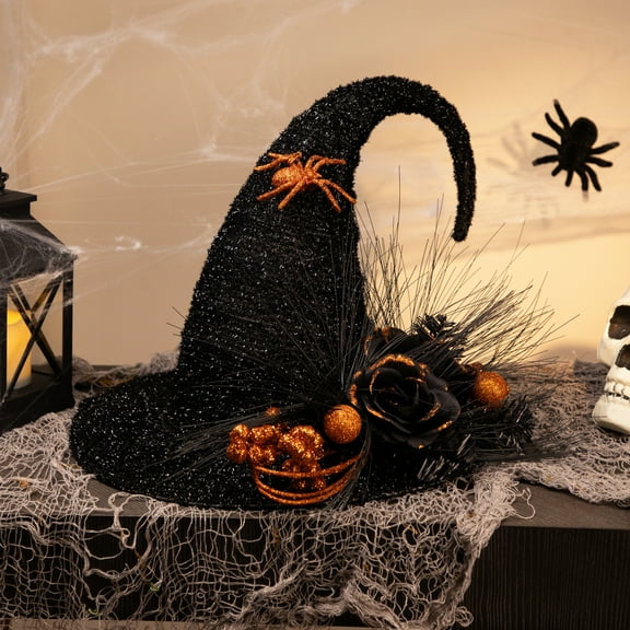 Northlight 16" Black Tinsel Witch's Hat with Orange Glittered Roses Halloween Decoration